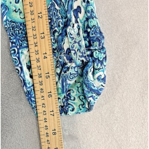 SUMMER BLUES Talbots Blue & Aqua Print Stretch Cotton Pull Over Sweater Size PL - Picture 5 of 7